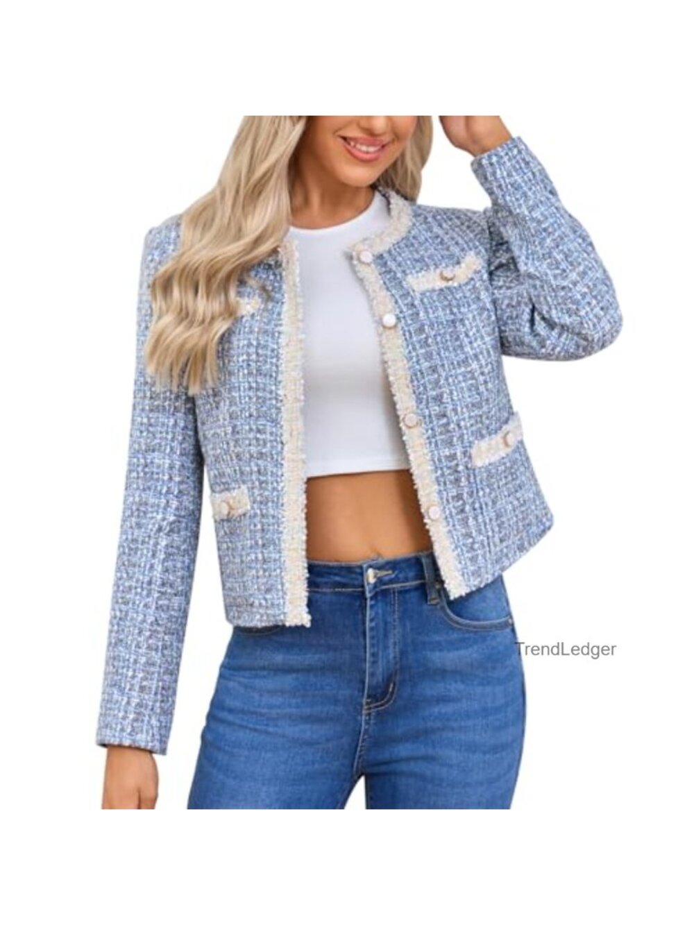 Women's Tweed Cropped Blazer Collarless Plaid Long Sleeve Jacket